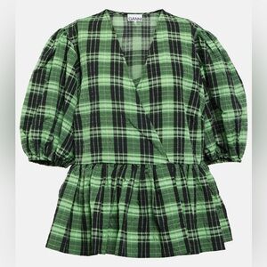 GANNI Cotton seersucker fabric top with peplum and balloon sleeves size 36 NWOT